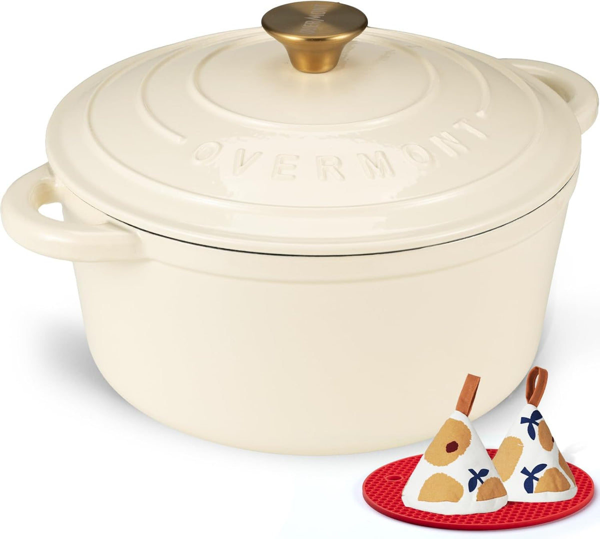 Overmont Enameled Cast Iron Dutch Oven - 7QT Pot with Lid Cookbook & Cotton Potholders - Heavy-Duty Cookware for Braising, Stews, Roasting, Sourdough Baking Cream White