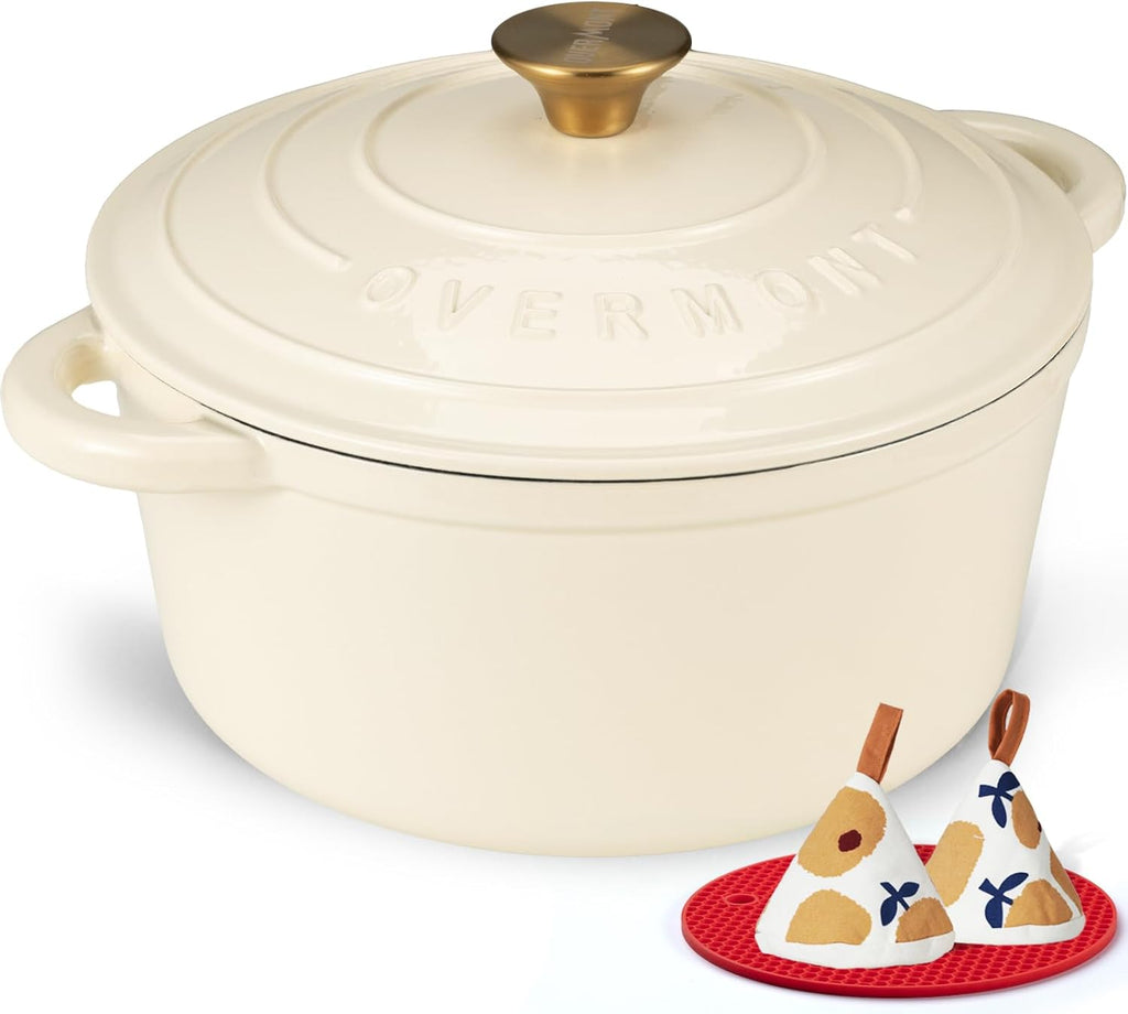Overmont Enameled Cast Iron Dutch Oven - 4.5QT Pot with Lid Cookbook & Cotton Potholders - Heavy-Duty Cookware for Braising, Stews, Roasting, Sourdough Baking Cream White