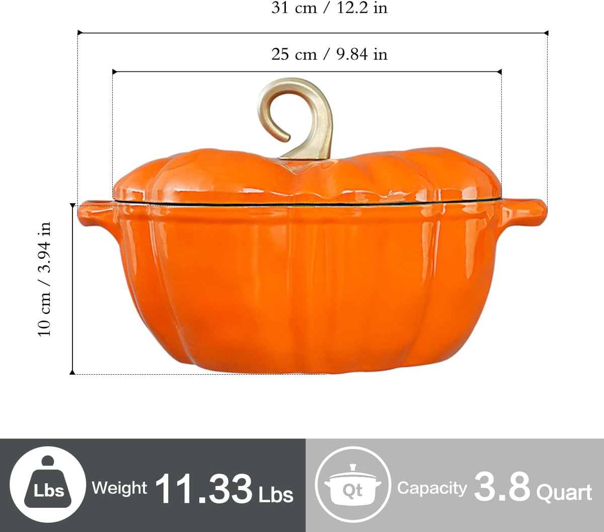 Flavehc Pumpkin Dutch Oven Pot with Lid 3.8 Qt, Enameled Cast Iron, Halloween Decor