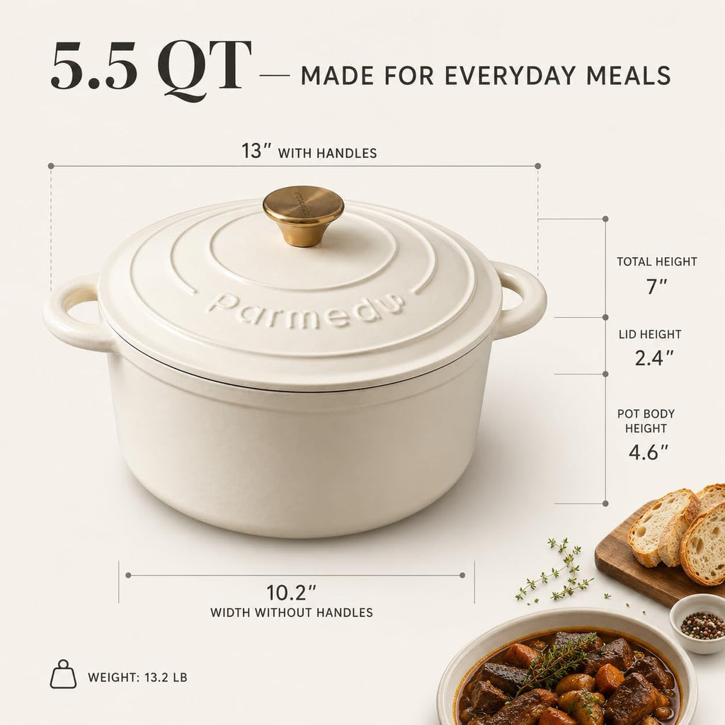 Parmedu 5.5QT Enameled Cast Iron Dutch Oven for Sourdough Bread White