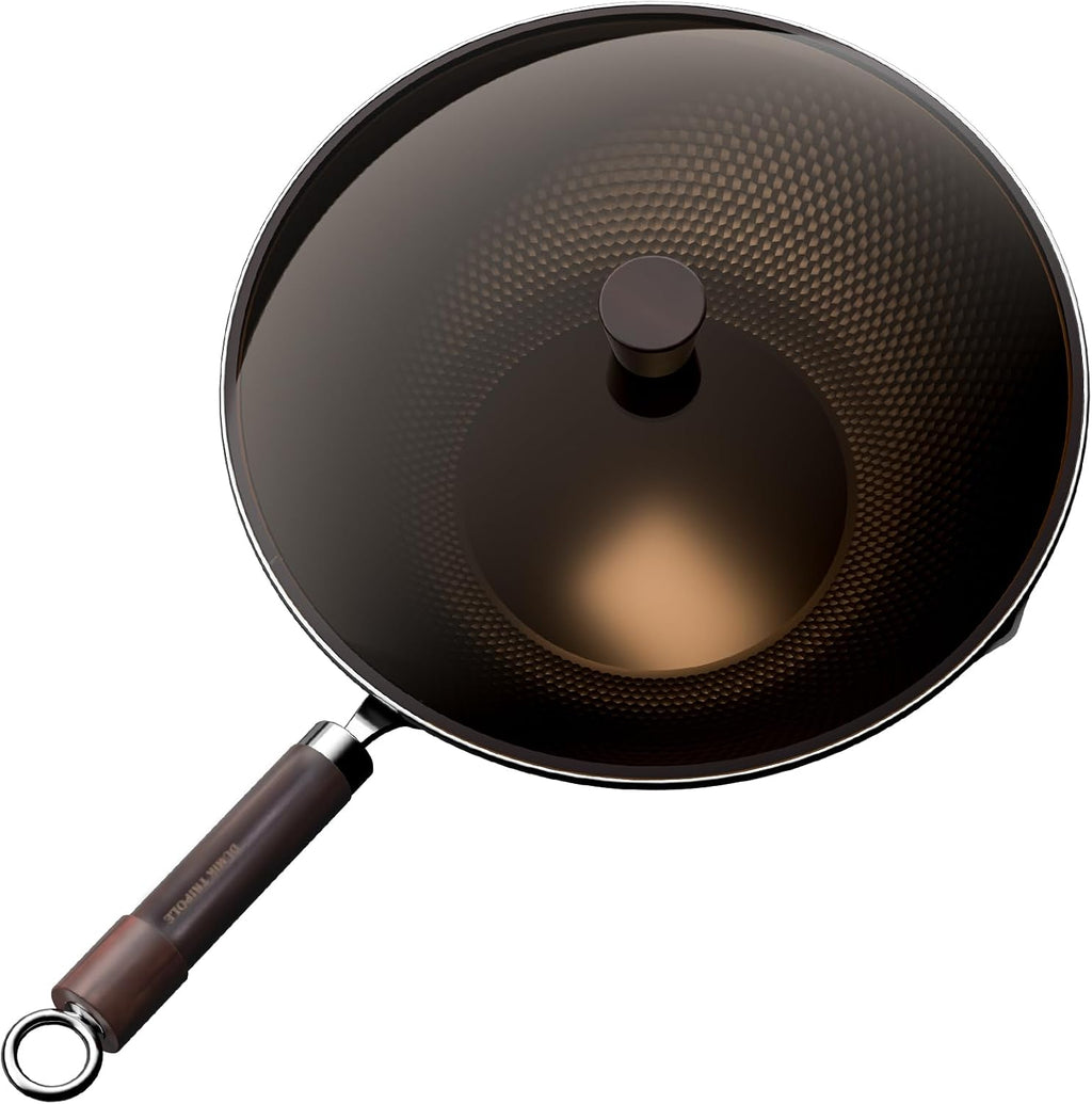 Carbon Steel Wok with Lid, Pre-Seasoned Flat Bottom Wok Pan, 11.8 Inch