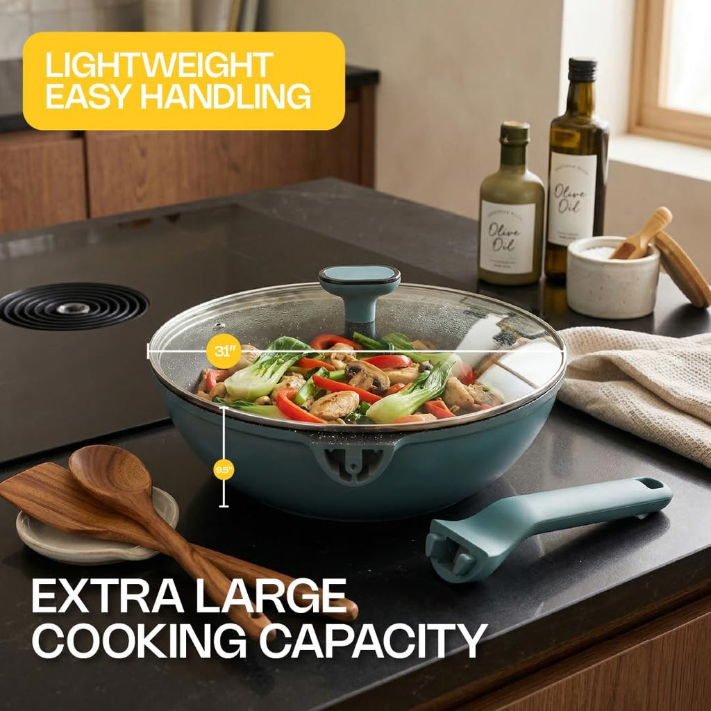 Ravelo Nonstick Wok Pan with Glass Lid, 11.8in Die Cast Stir Fry Pan