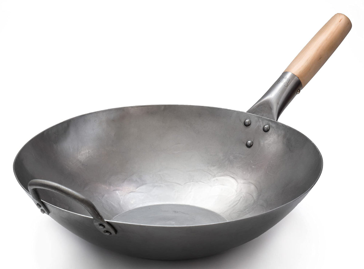 Craft Wok Flat Hand Hammered Carbon Steel Pow Wok with Wooden and Steel Helper Handle (14 Inch, Flat Bottom) / 731W316
