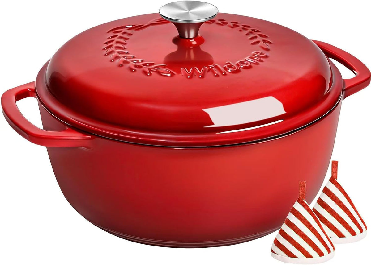 Enameled Cast Iron Dutch Oven - Wildone 6QT Pot with Lid & Cotton Potholders - Oven Safe Enamel Cookware for Bread Baking, Braising, Stews, Roasting, Red