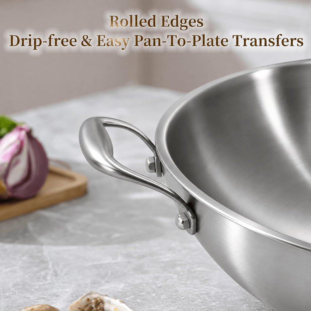 DELARLO Tri-Ply Stainless Steel Wok Pan with Steel Lid 16inch, Healthy Non-Toxic Flat Bottom Induction Wok, Stir Fry Pan for Glass Top Stove Up to 600℉