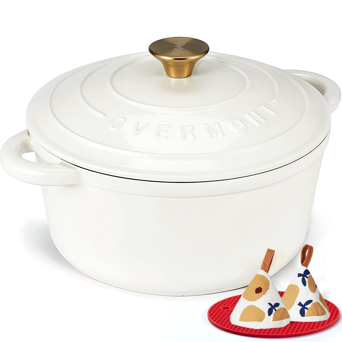 Overmont Enameled Cast Iron Dutch Oven - 5.5QT Pot with Lid Cookbook & Cotton Potholders - Heavy-Duty Cookware for Braising, Stews, Roasting, Sourdough Baking White