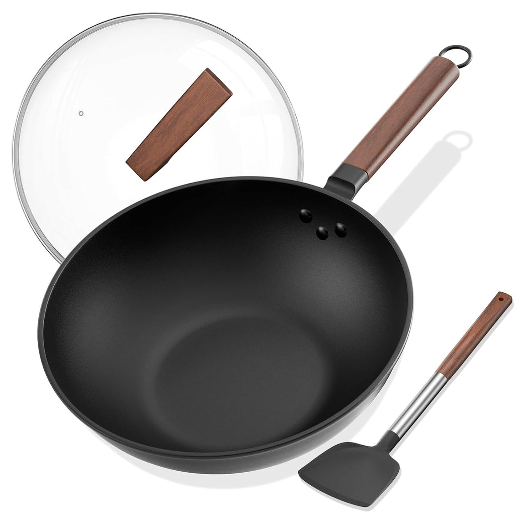 Todlabe 13 Inch Wok with Glass Lid & Silicone Spatula, Naturally Non‑Stick