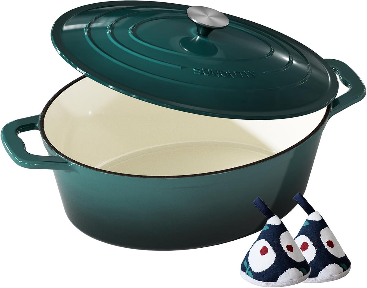 Enameled Cast Iron Dutch Oven, 9.3QT Pot with Lid, Bottle Green