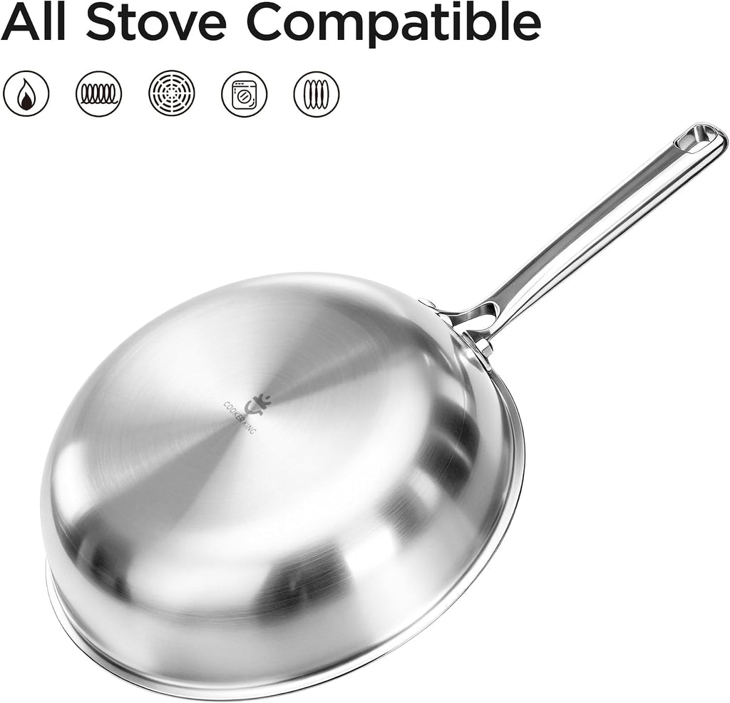 COOKER KING 10" Wok Pan with Lid, Stainless Steel Deep Skillet for Stir-Fry