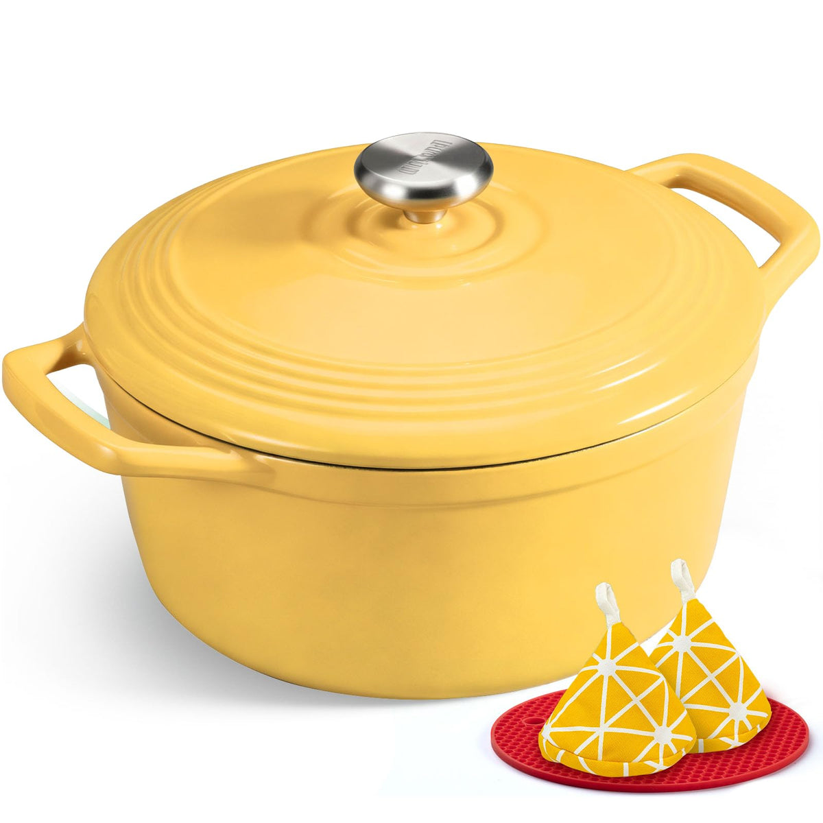 Overmont Enameled Cast Iron Dutch Oven - 5.5QT Pot with Lid Cookbook & Cotton Potholders - Heavy-Duty Cookware for Braising, Stews, Roasting, Sourdough Baking White
