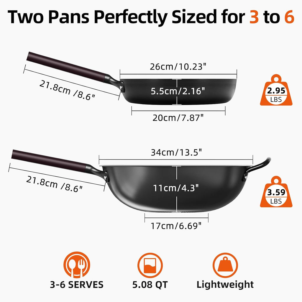 2-Pack Carbon Steel Wok Pan & Frying Pan Set, Induction Ready