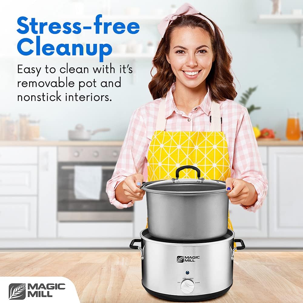 Magic Mill Extra Large 10 Quart Slow Cooker With Metal Searing Pot & Transparent Tempered Glass Lid