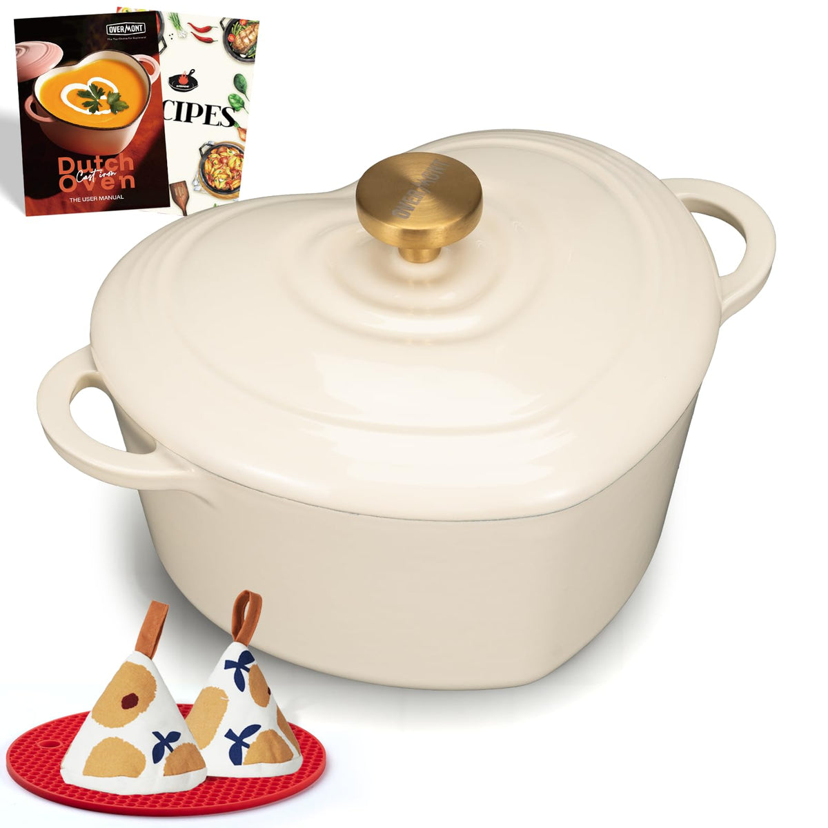 Overmont Enameled Cast Iron Dutch Oven - 2QT Heart-Shaped Mini Pot with Lid