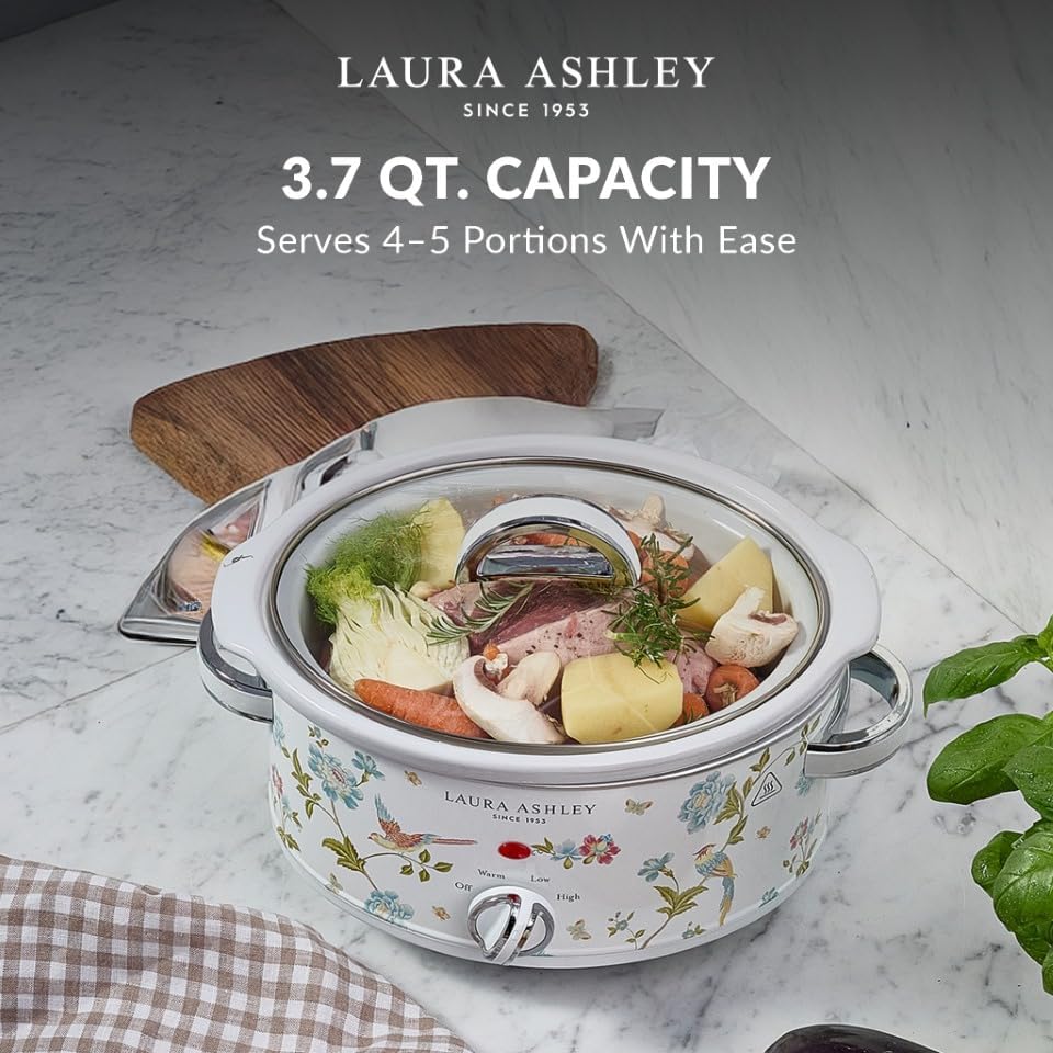 Laura Ashley Elveden White Small Slow Cookers 3.7 Quarts,Slow Cooker 3.7QT