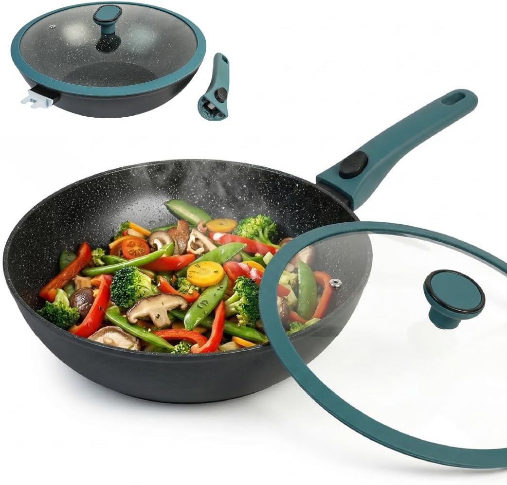 Ravon Nonstick Wok Pan with Glass Lid and Detachable Handle, 12.4in