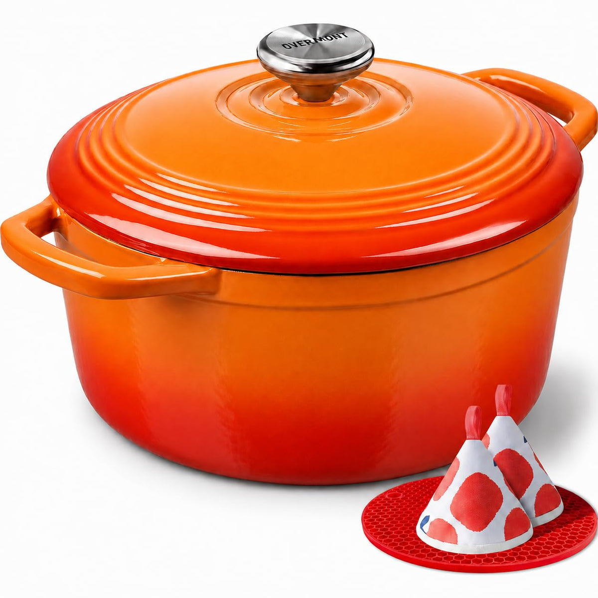 Overmont Enameled Cast Iron Dutch Oven - 5.5QT Pot with Lid Cookbook & Cotton Potholders - Heavy-Duty Cookware for Braising, Stews, Roasting, Sourdough Baking White