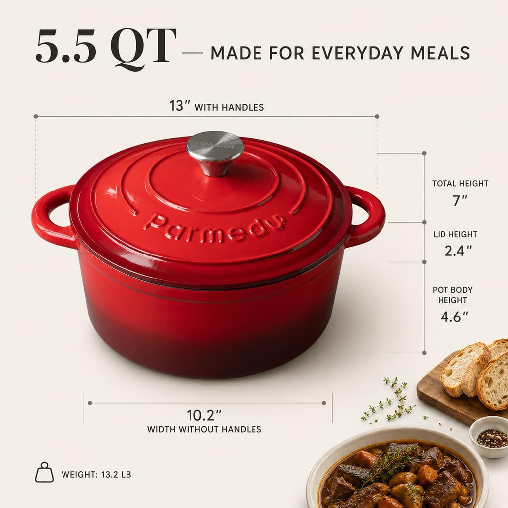 Parmedu 5.5QT Enameled Cast Iron Dutch Oven for Sourdough Bread Red