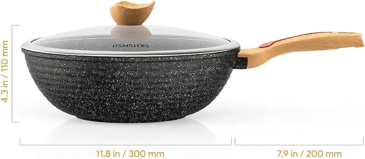 ITSMILLERS Nonstick Wok Aluminium Die-casting Chinese Wok, Scratch Resistant With Lid, PFOA-Free, Dishwasher Safe & Induction Bottom,11.8 Inch,5QT,Large Capacity