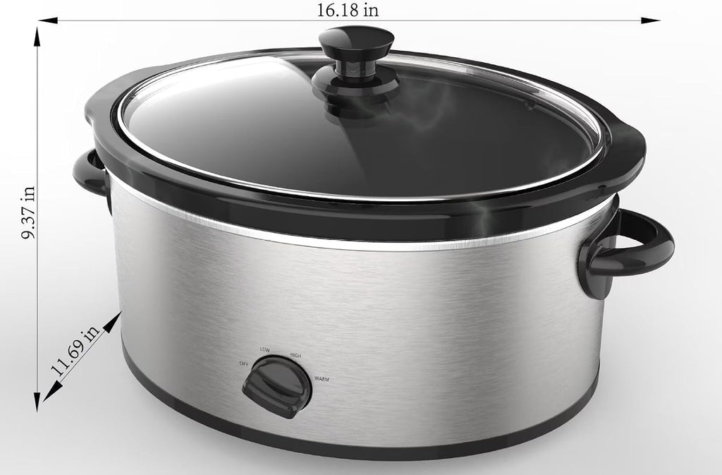 Slow Cooker, 6 Quart, Stainless Steel, Removable Stoneware Crock, 3 Temperature Settings, for Family Meals