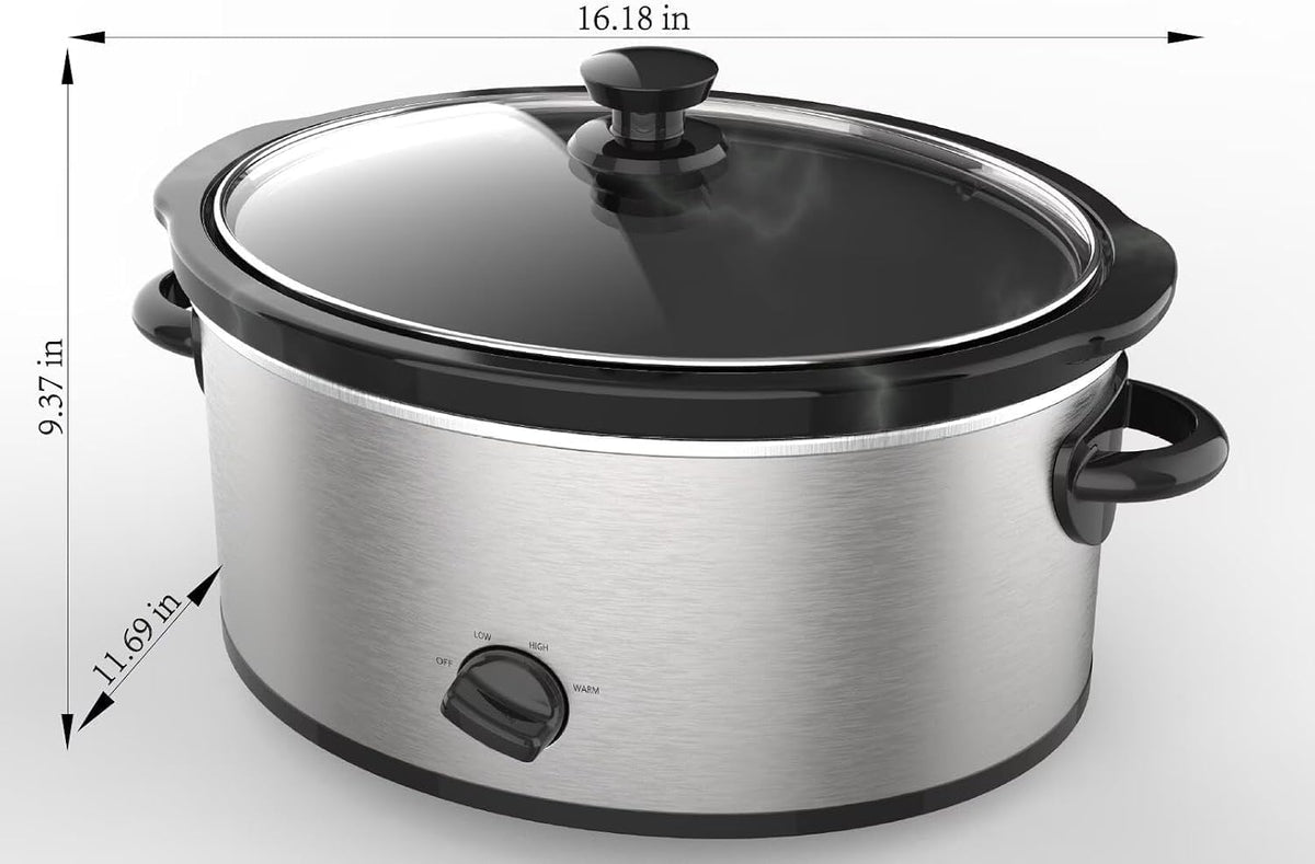 Slow Cooker, 6 Quart, Stainless Steel, Removable Stoneware Crock, 3 Temperature Settings, for Family Meals