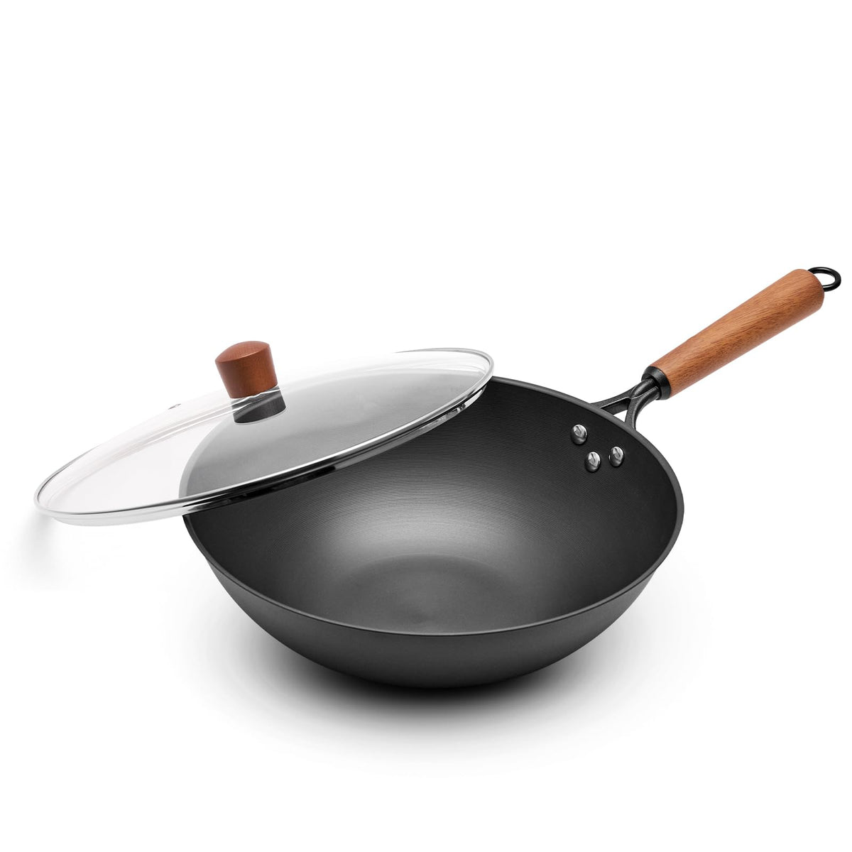 12.6 Inch Carbon Steel Wok with Lid, Flat Bottom Induction Wok Pan, Non-Coated Stir Fry Wok Skillet with Helper Handle, Gas Electric Ceramic Halogen Compatible, Includes Iron Wok Spatula