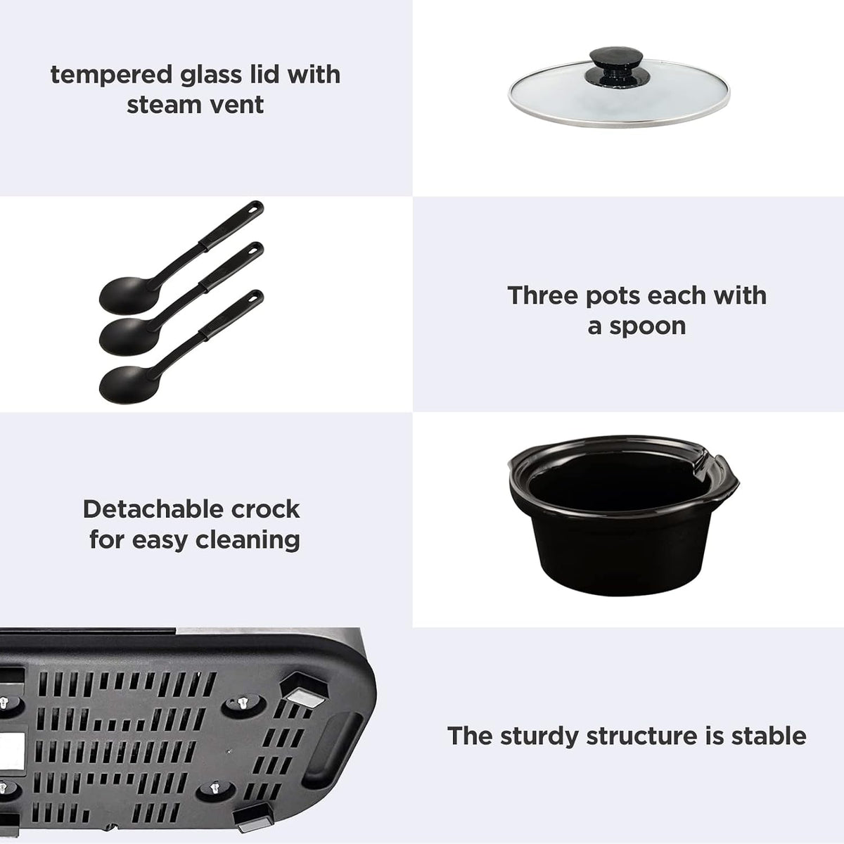 Sunvivi Slow Cooker, Triple Slow Cooker Buffet Server and Food Warmer, 3-Section 1.5-Quart Upgraded Oval Ceramic Pot with Stainless Steel Lid Rests, 3 Spoons, Total 4.5 QT