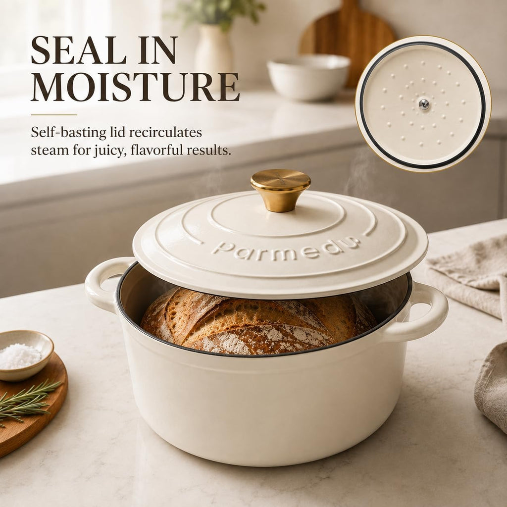 Parmedu 5.5QT Enameled Cast Iron Dutch Oven for Sourdough Bread White