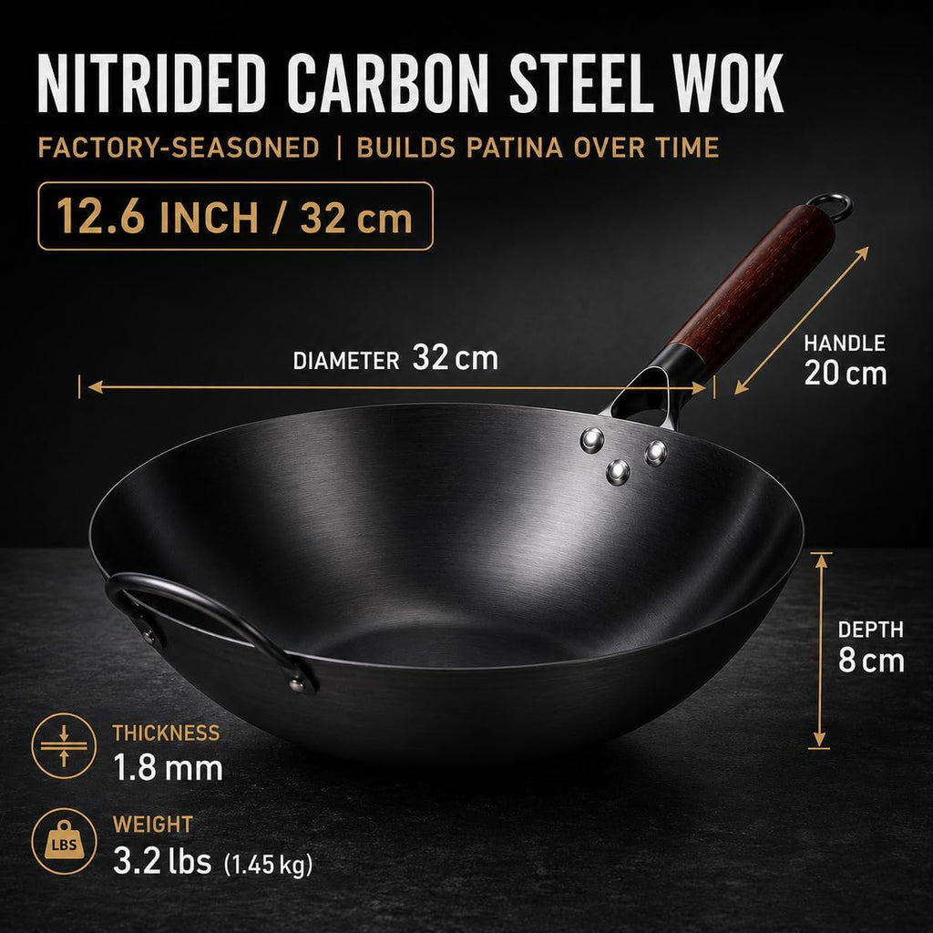 12.6-Inch Nitrided Carbon Steel Wok Pan, Flat Bottom, Induction