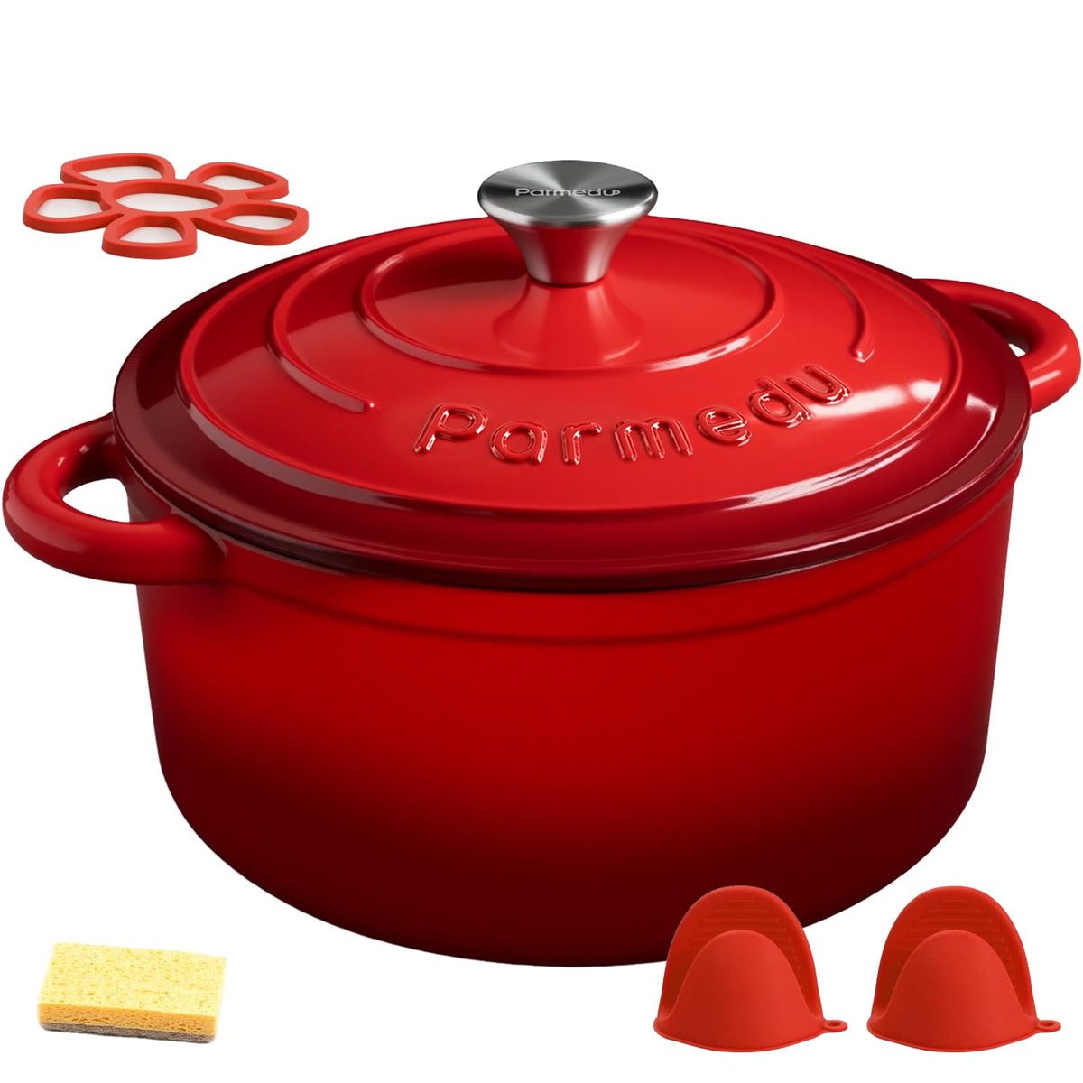 Parmedu 5.5QT Enameled Cast Iron Dutch Oven for Sourdough Bread Red