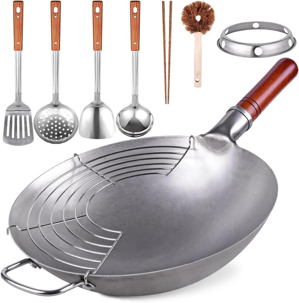 Teewe 13.4" Carbon Steel Wok Traditional Hand Hammered Round Bottom Wok