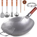 Teewe 13.4" Carbon Steel Wok Traditional Hand Hammered Round Bottom Wok