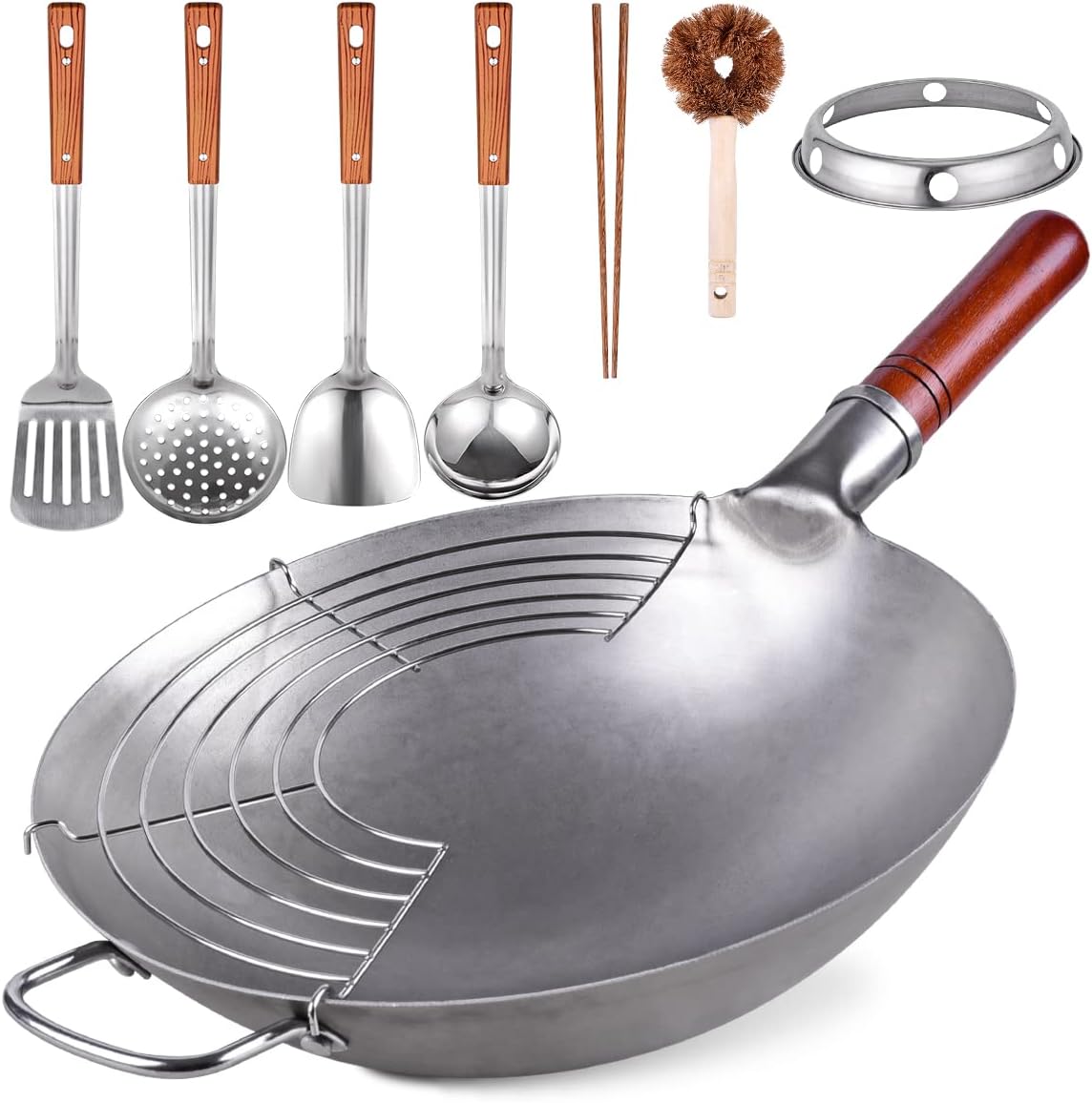 Teewe 13.4" Carbon Steel Wok Traditional Hand Hammered Round Bottom Wok
