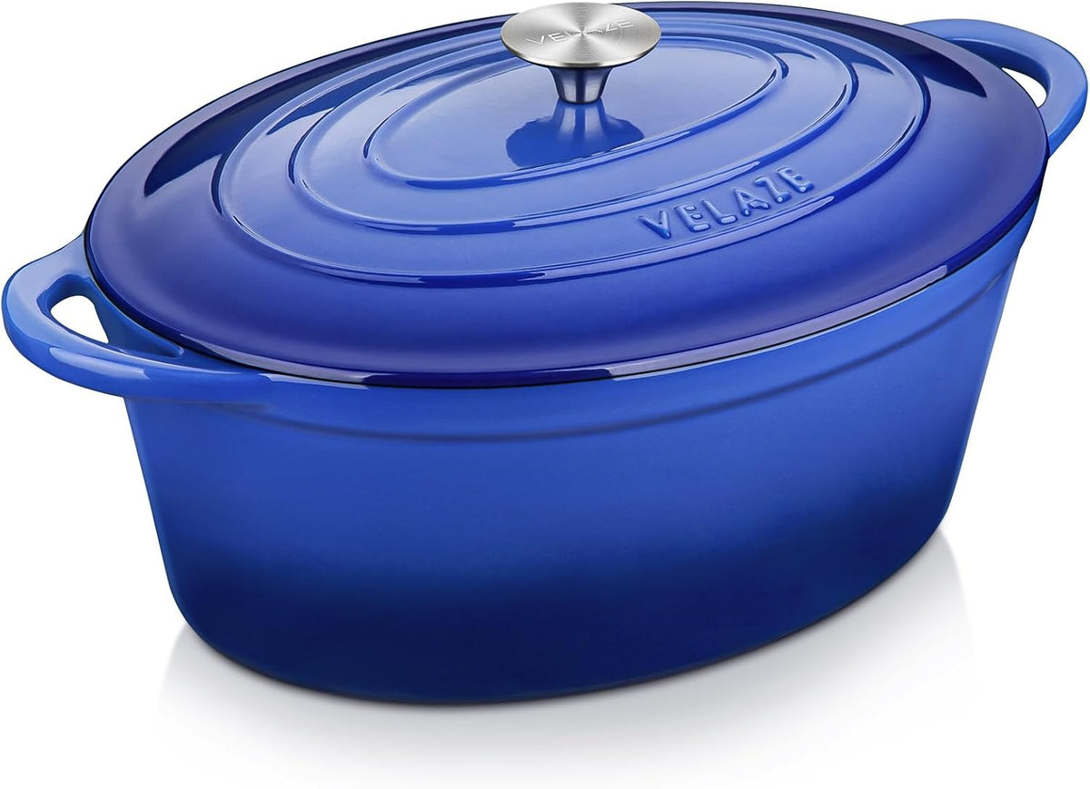 Velaze 7.5 QT Oval Enameled Cast Iron Dutch Oven Pot with Lid,Blue