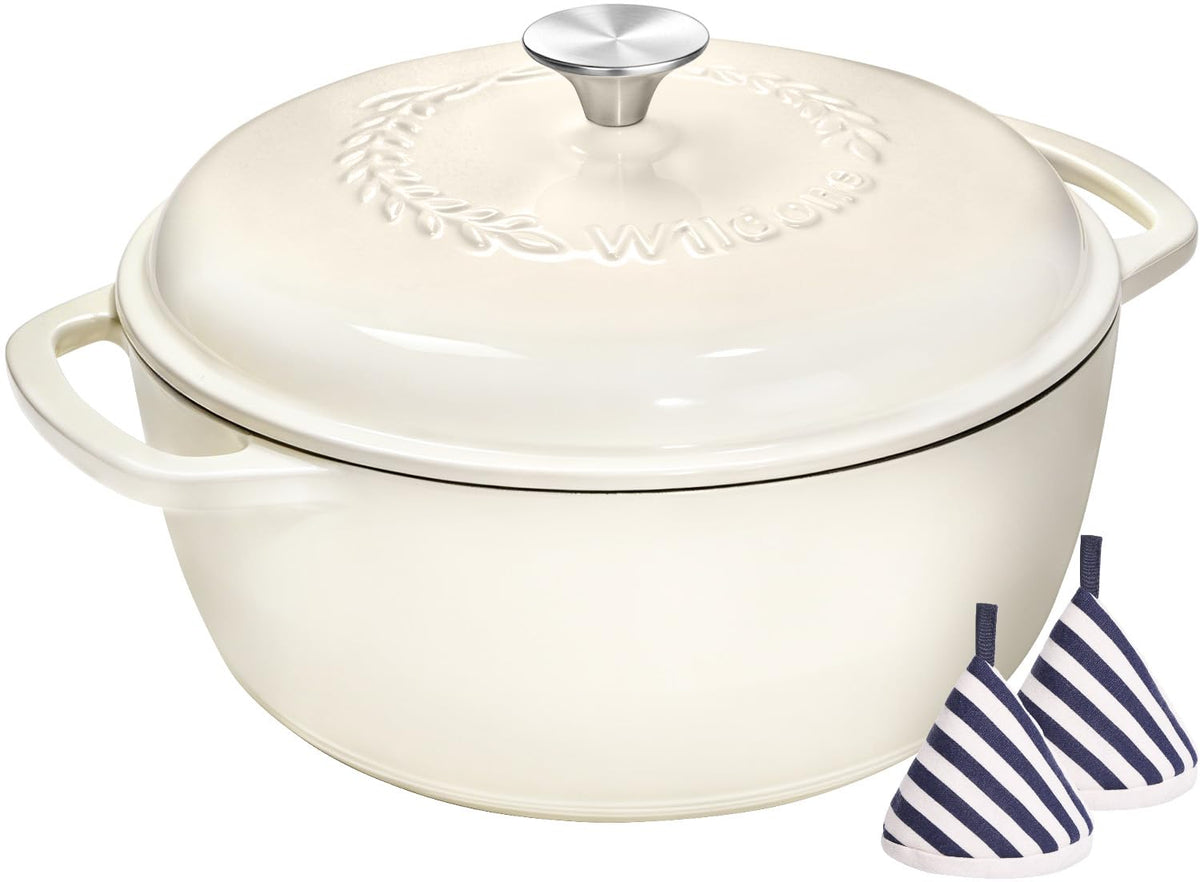 Enameled Cast Iron Dutch Oven - Wildone 6QT Pot with Lid & Cotton Potholders - Oven Safe Enamel Cookware for Bread Baking, Braising, Stews, Roasting, Red