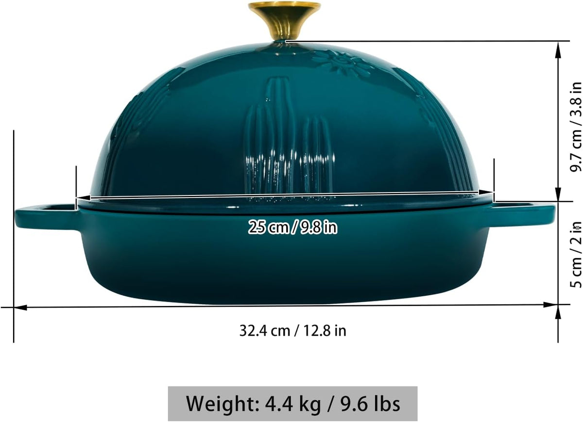 Flavehc Bread Oven Cast Iron Bread Dutch Oven with Cloche Lid for Bread Baking Darkcyan Enameled Cast Iron Bread Oven with Dome Lid for Sourdough, 9.8 Inches
