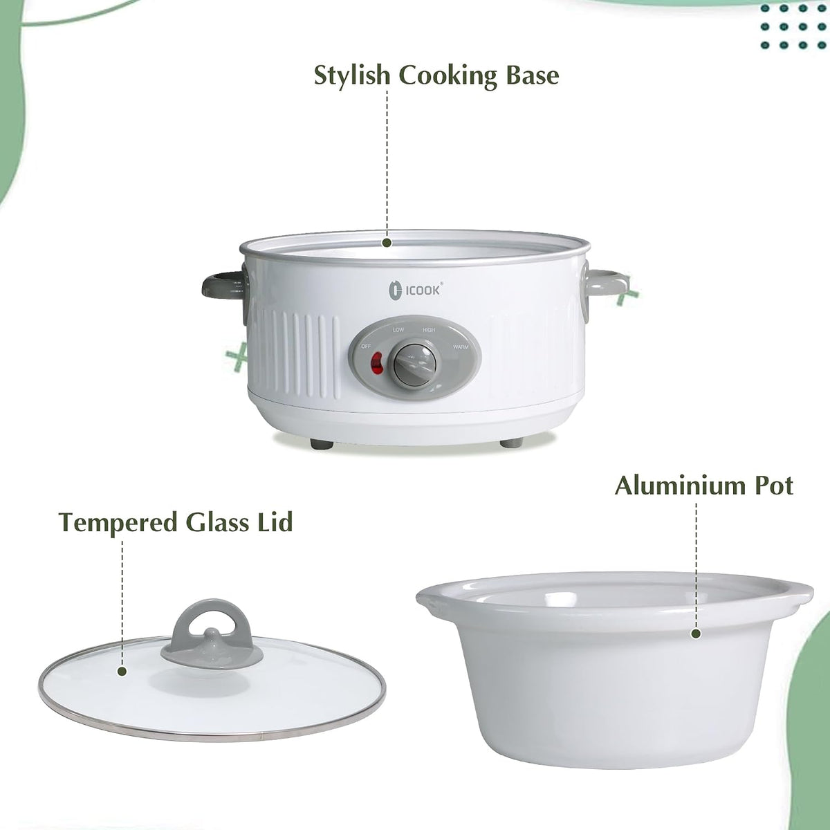 3.5 Quart Slow Cooker with 3 Heat Settings, Non-Stick and Dishwasher Safe, Removable Ceramic Pot Tempered Glass Lid, Cool Touch Handles for Entrees, Soups, Stews, Ivory White