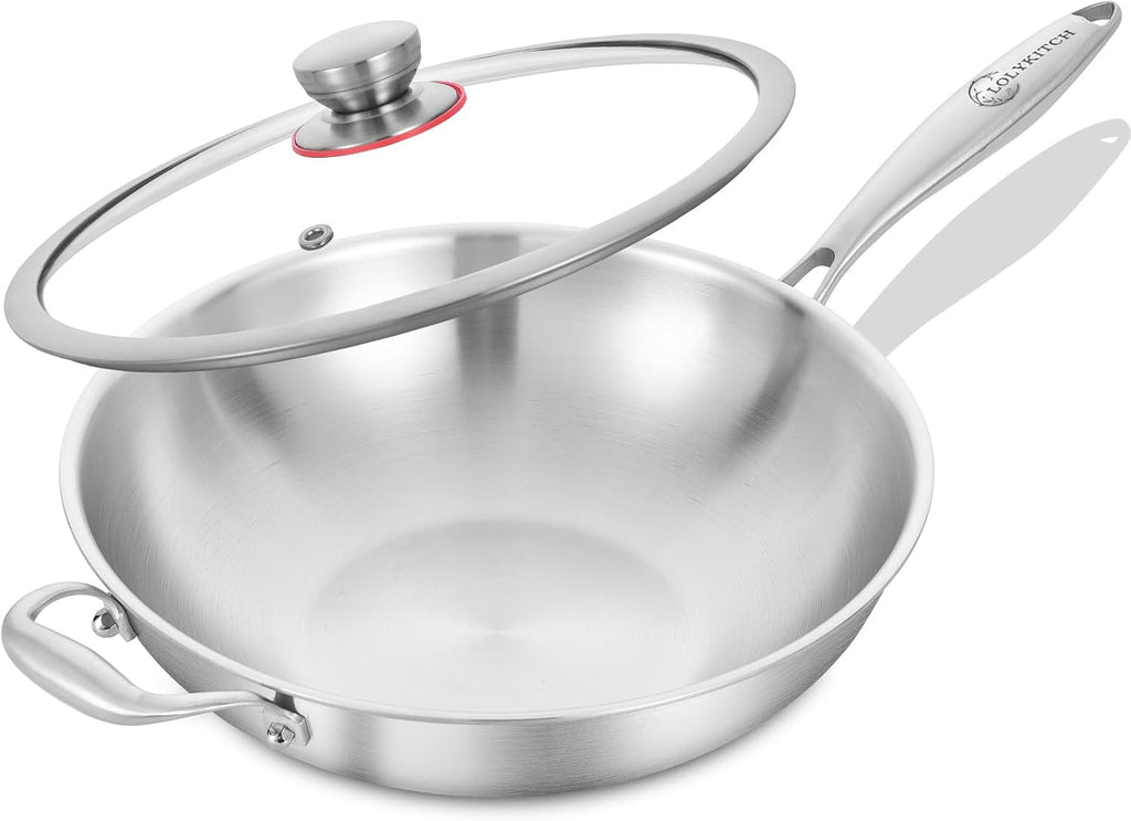 LOLYKITCH 13-Inch Stainless Steel Wok with Glass Lid | Detachable Handle