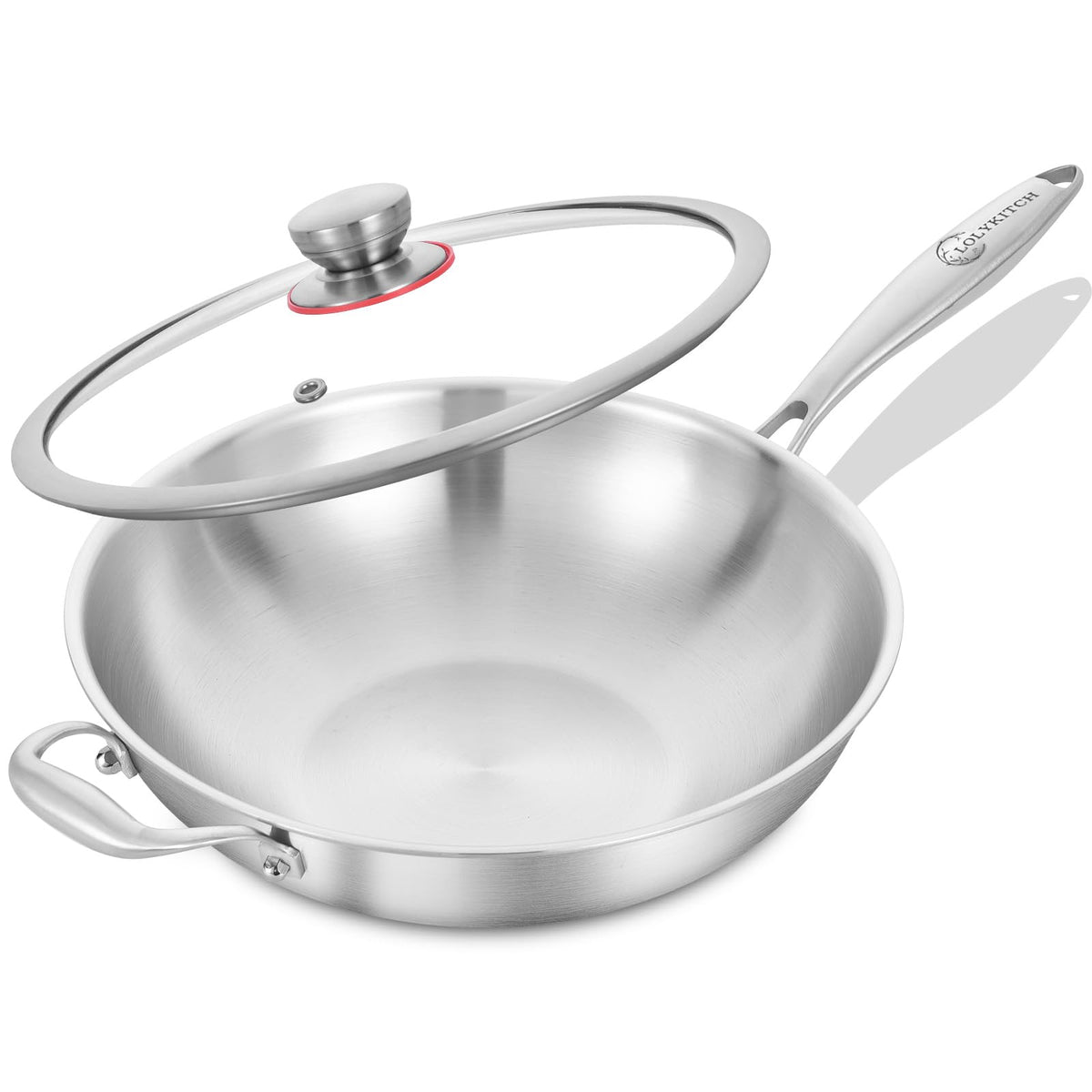 LOLYKITCH 13-Inch Stainless Steel Wok with Glass Lid | Detachable Handle