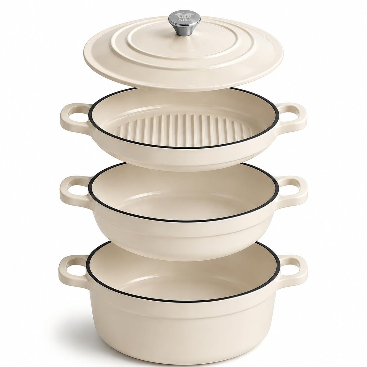 AHJ Enameled Cast Iron Dutch Oven Set - 4 Piece Cookware Set with Lids