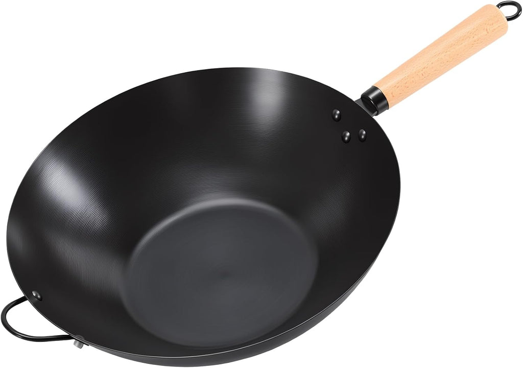 DUMOS 13.5" Pre-Seasoned Carbon Steel Wok Pan for Stir Fry, Black