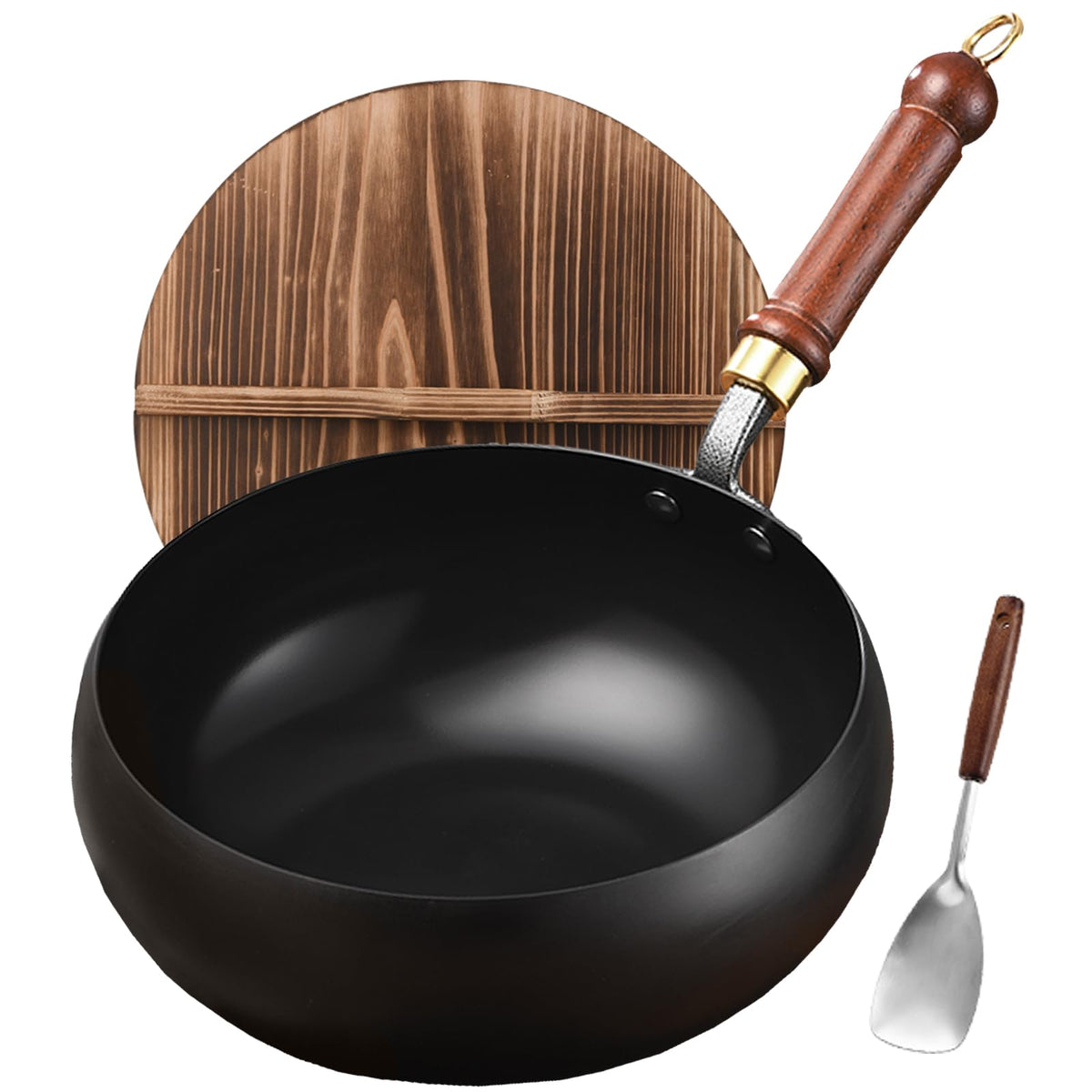 Carbon Steel Wok Pan, 9.4 INCH Nonstick Pre-Seasoned Woks & Stir-Fry Pans with Lid, No Chemical Coating Wok Flat Bottom Small Handmade Chinese Wok for Induction, Gas, Electric & All Stoves