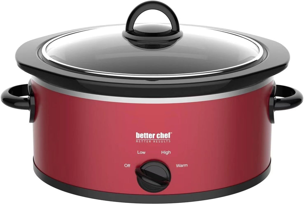 Better Chef Oval Slow Cooker | 3-Quart | 3-Tempature Settings | Side Handles | Glass Lid | Enamel Stoneware Insert (Red)