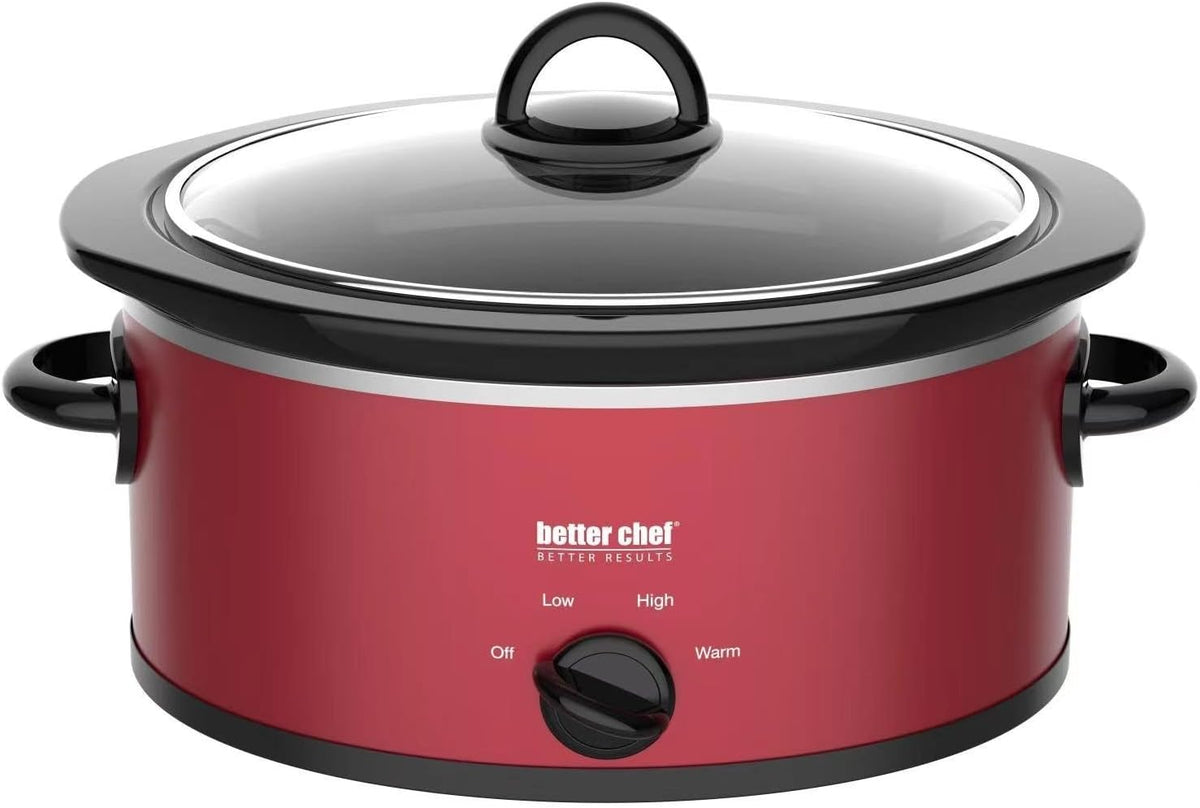 Better Chef Oval Slow Cooker | 3-Quart | 3-Tempature Settings | Side Handles | Glass Lid | Enamel Stoneware Insert (Red)
