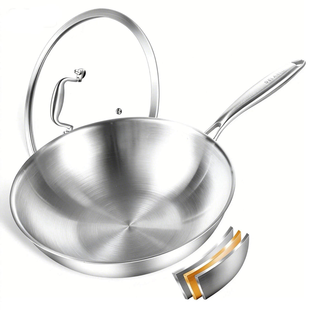 DELARLO Tri-Ply Stainless Steel Woks, 12 Inch Healthy Non-Toxic Cooking Wok Pan with Lid, Wide & Deep Cookware Stir-Fry Pans, Dishwasher and Oven Safe Up To 600°F, Works on Induction，Detachable Handle