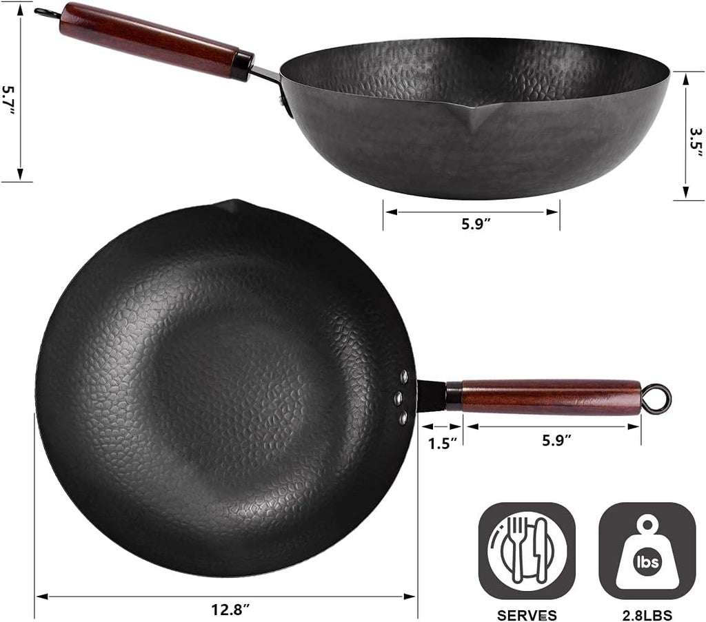 Leidawn 12.8" Carbon Steel Wok,11 Pcs Woks & Stir Fry Pans Wok Pan with Lid