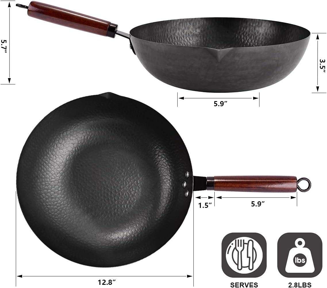 Leidawn 12.8" Carbon Steel Wok,11 Pcs Woks & Stir Fry Pans Wok Pan with Lid
