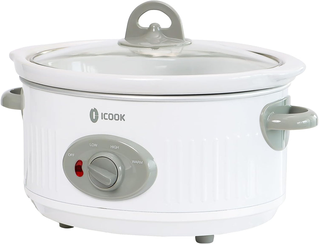 3.5 Quart Slow Cooker with 3 Heat Settings, Non-Stick and Dishwasher Safe, Removable Ceramic Pot Tempered Glass Lid, Cool Touch Handles for Entrees, Soups, Stews, Ivory White