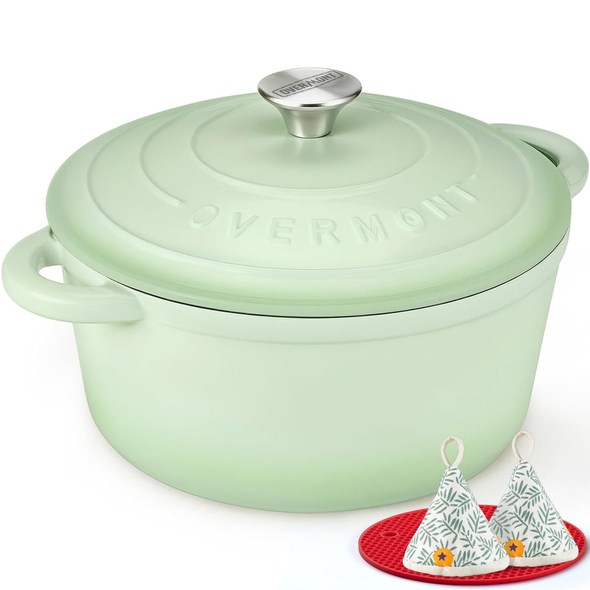 Overmont Enameled Cast Iron Dutch Oven - 4.5QT Pot with Lid Cookbook & Cotton Potholders - Heavy-Duty Cookware for Braising, Stews, Roasting, Sourdough Baking Cream White