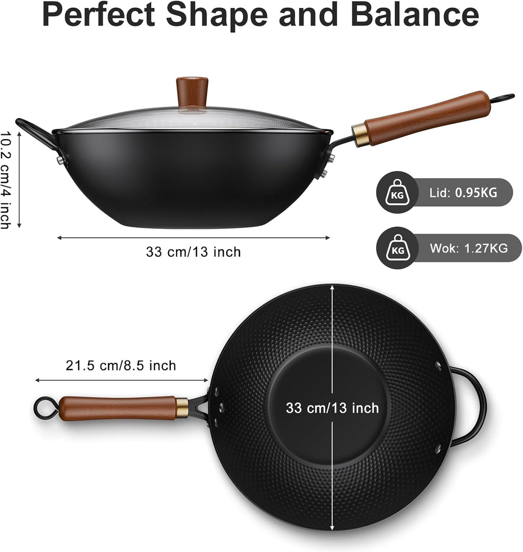 Todlabe Wok with Lid, 13 Inch Carbon Steel Woks & Stir-fry Pans Nonstick
