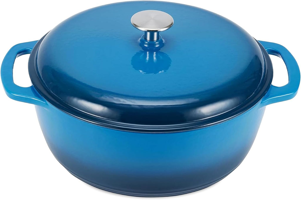 Amazon Basics Enameled Cast Iron Dutch Oven Pot With Lid, 6-Quart, Round, Dual Handles, Heavy-Duty, Oven Safe for Stews, Roasting & Baking, Blue